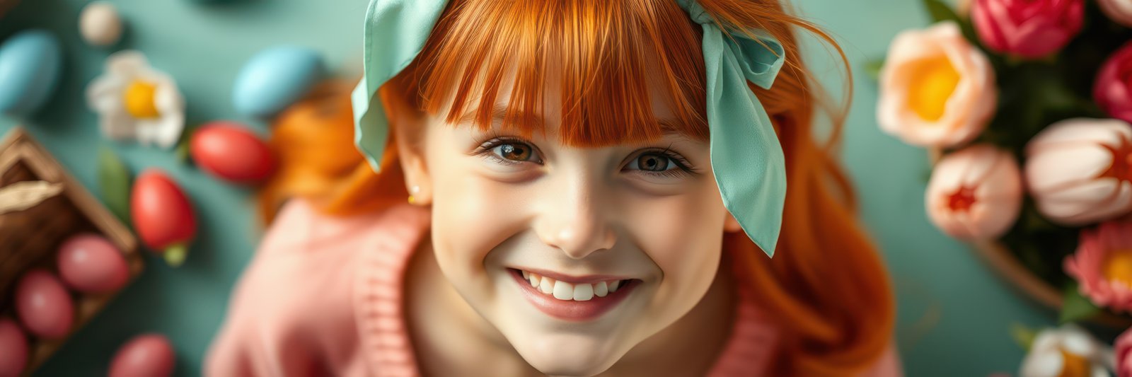 Smiling girl with red hair surrounded by colorful Easter decorations and flowers